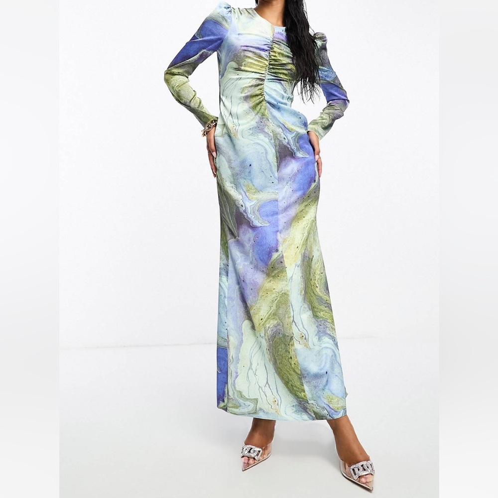 ASOS DESIGN satin ruched detail maxi dress in marble print